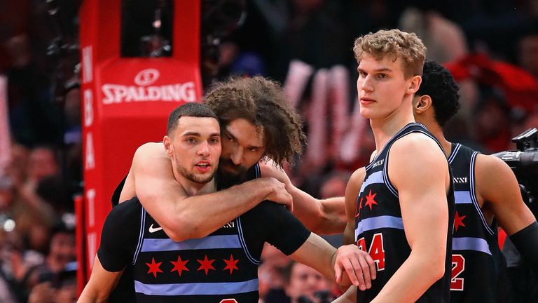 Zach Lavine celebrates after grabbing a clutch play for the Bulls over the 76ers