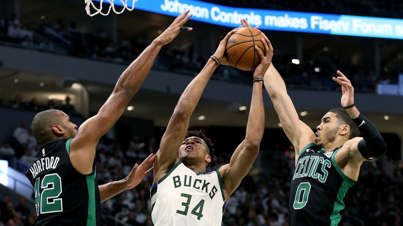 Al Horford Blocks Giannis Antetokounmpo During Boston Celtics Game 1 ...