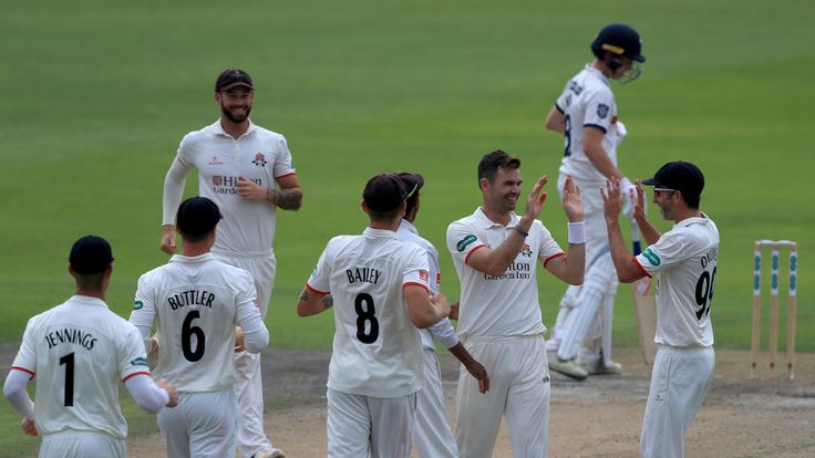 James Anderson (2 R) of Lancashire celebrates after he takes the wicket of Joe Root of Yorkshire during day two of the Specsavers County Championship division one match between Lancashire and Yorkshire at Emirates Old Trafford on July 23, 2018 in Manchester, England. (Photo by Clint Hughes/Getty Images)