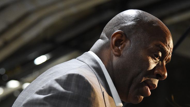LOS ANGELES, CA - APRIL 9:  Magic Johnson looks on during the game between the Portland Trail Blazers and Los Angeles Lakers on April 9, 2019 at STAPLES Center in Los Angeles, California. NOTE TO USER: User expressly acknowledges and agrees that, by downloading and/or using this Photograph, user is consenting to the terms and conditions of the Getty Images License Agreement. Mandatory Copyright Notice: Copyright 2019 NBAE (Photo by Andrew D. Bernstein/NBAE via Getty Images) 