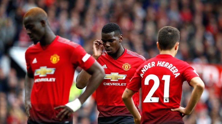 Manchester United&#39;s Paul Pogba, Ander Herrera and Eric Bailly appear dejected during the Premier League match vs Chelsea at Old Trafford