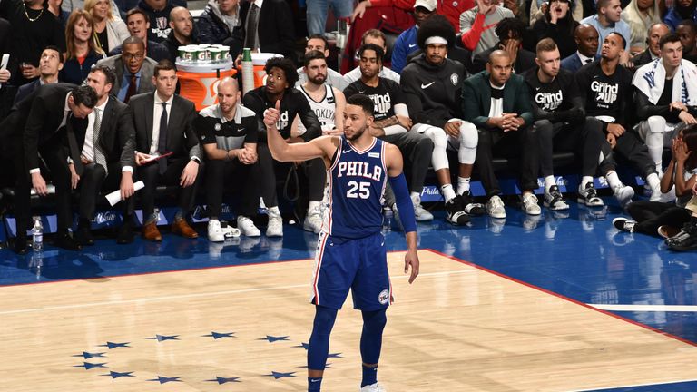 Ben Simmons shows appreciation of a team-mate during the Sixers's Game 2 win over Brooklyn