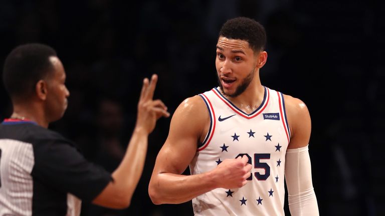 Ben Simmons questions a call during the Sixers' Game 3 victory in Brooklyn