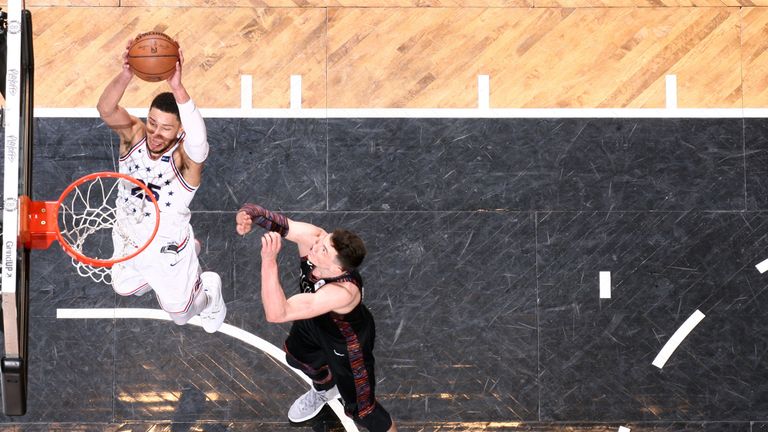 Ben Simmons throws down a two-handed dunk in Philadelphia&#39;s Game 3 win over Brooklyn