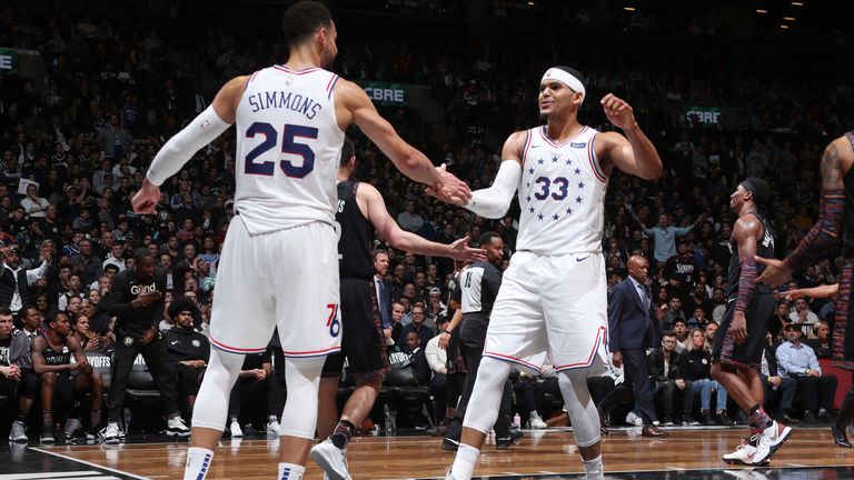 Ben Simmons and Tobias Harris share congratulations during Game 3 in Brooklyn