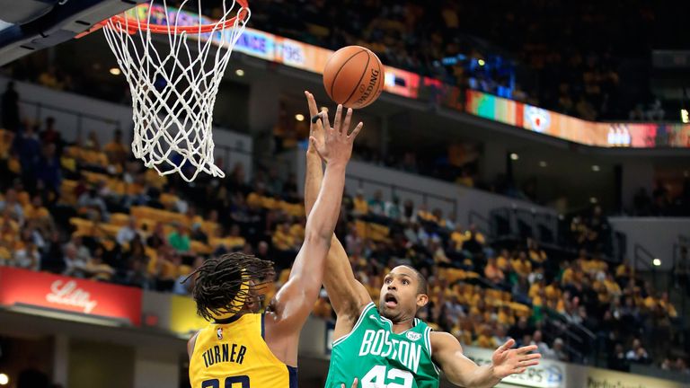 Al Horford shoots over Myles Turner