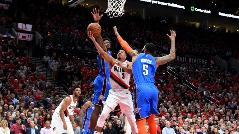 CJ McCollum attempts a scoop shot in Game 2 against the Oklahoma City Thunder