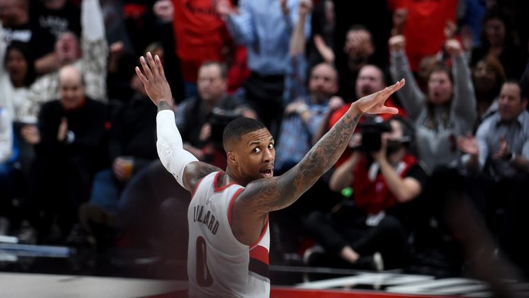Damian Lillard celebrates making a huge three-pointer in Game 2 against Oklahoma City