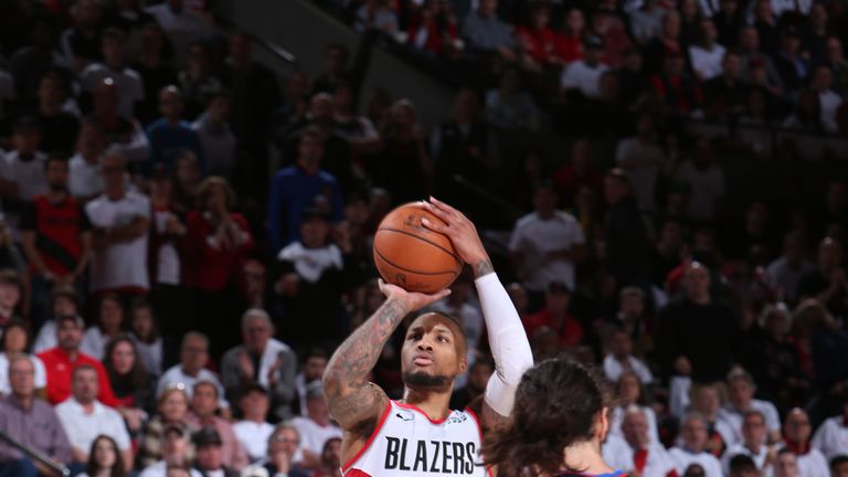 Damian Lillard shoots a three-pointer in Portland&#39;s Game 5 clash with Oklahoma City