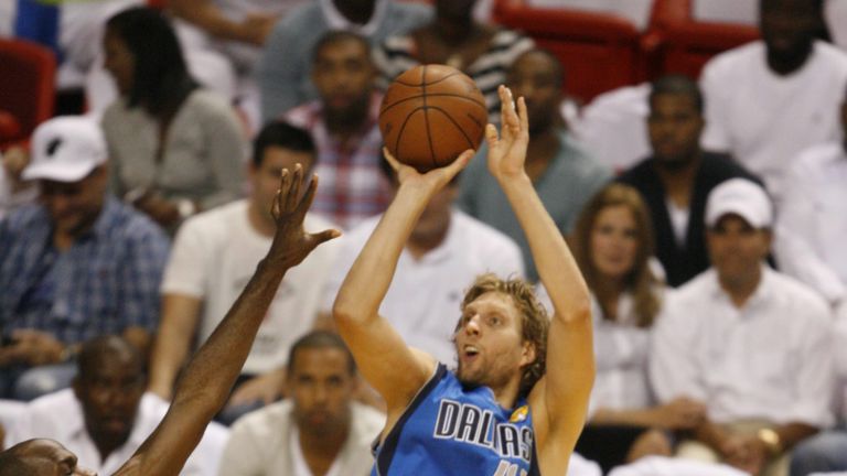 Dirk Nowitzki shoots a trademark one-legged jump shot in the 2011 NBA Finals