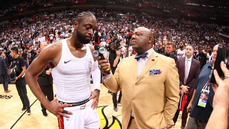 Dwyane Wade gives an emotional interview after his final home game for the Miami Heat