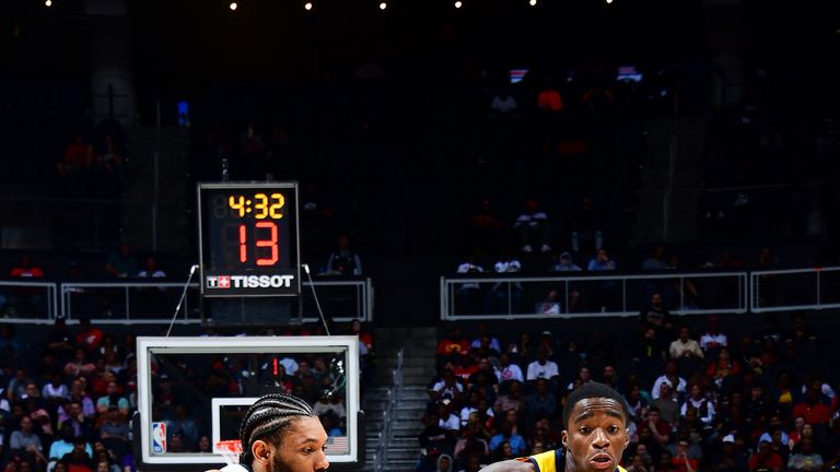 Edmond Sumner drives to the basket against Atlanta