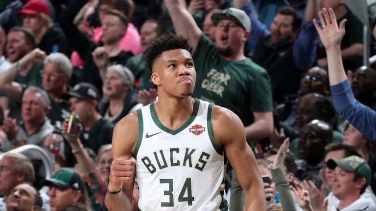 Giannis Antetokounmpo celebrates a basket during the Bucks' Game 2 win