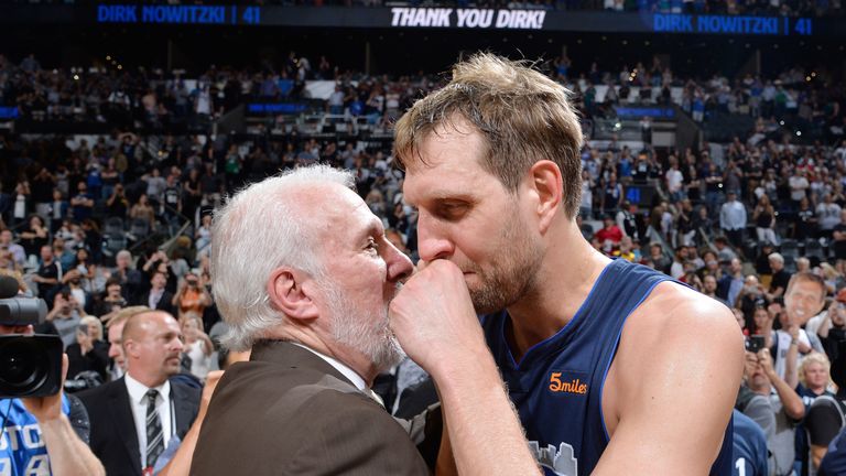 Gregg Popovich embraces Dirk Nowitzki after the Dallas star&#39;s final NBA game