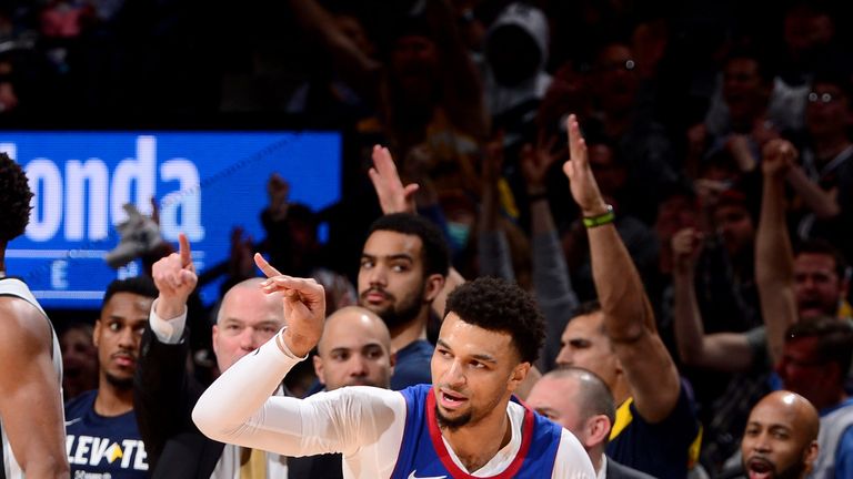 Jamal Murray signals a made three during the Nuggets Game 5 win over the Spurs