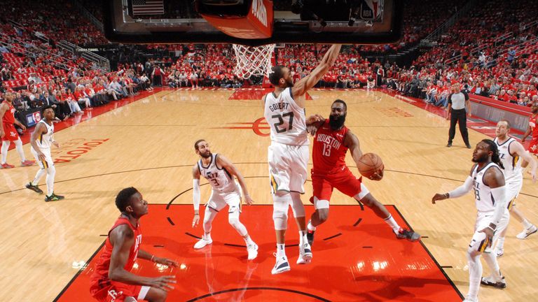James Harden releases a wraparound pass behind Jazz center Rudy Gobert