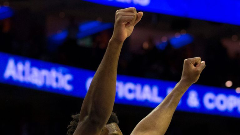 Joel Embiid celebrates during the Sixers' emphatic Game 2 win over the Brooklyn Nets