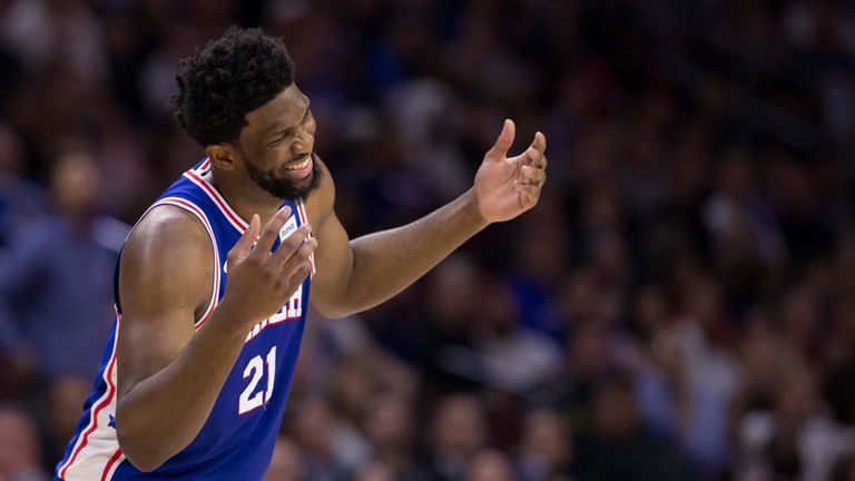 Joel Embiid celebrates during the Sixers' Game 5 win