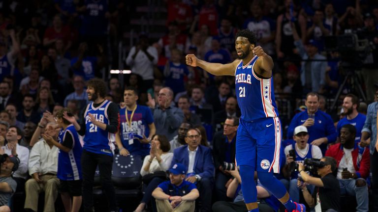 Joel Embiid celebrates the Sixers' first-round series win over the Nets