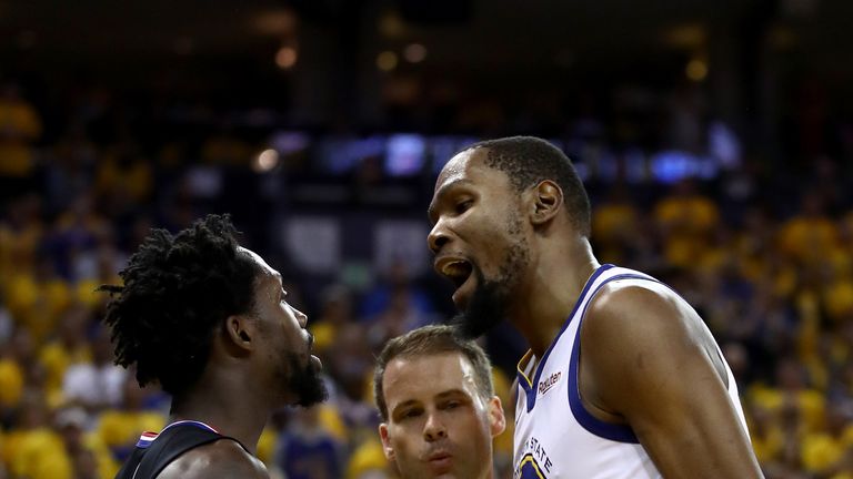 Patrick Beverley and Kevin Durant square up in Game 1