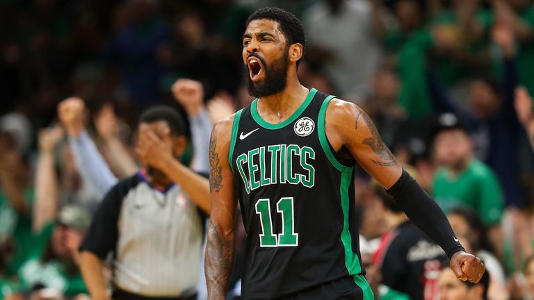 Kyrie Irving celebrates a basket during the Celtics' Game 1 win over the Indiana Pacers