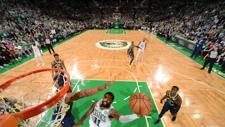 Kyrie Irving finishes with his left hand against Indiana in Game 2