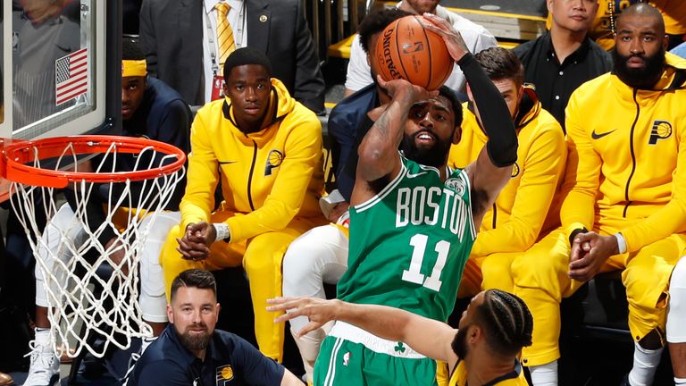 Kyrie Irving fires a fadeaway jump shot in Game 3 against the Pacers