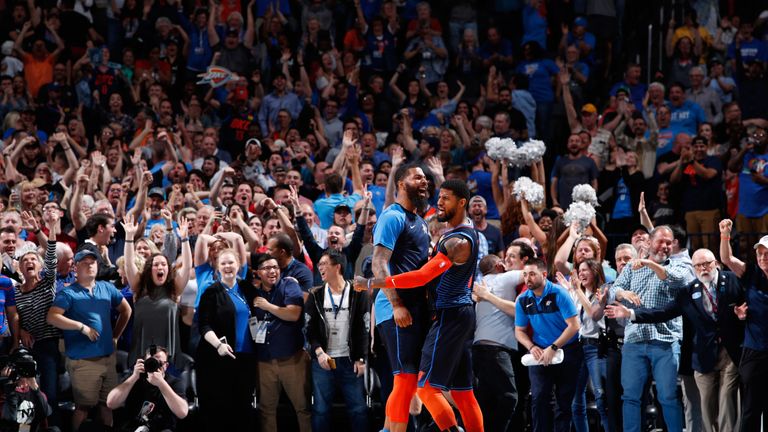 Paul George celebrates with Markieff Morris after hitting his game-winning shot against Houston