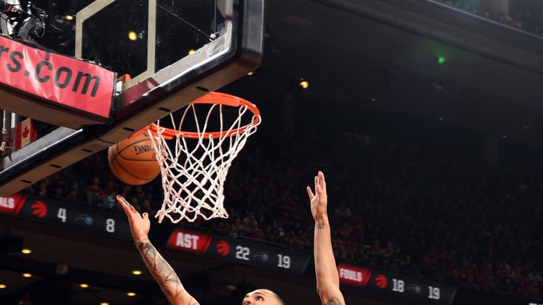 Evan Fournier scores with a lay-up against Toronto