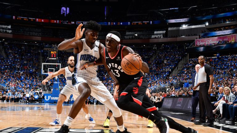 Pascal Siakam drives baseline in Game 3 against the Orlando Magic
