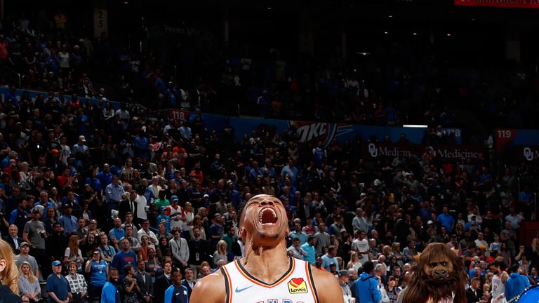Russell Westbrook celebrates during his 20/20/20 game against the Lakers