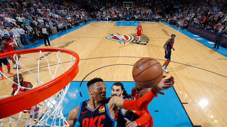 Russell Westbrook corrals a rebound for the Thunder