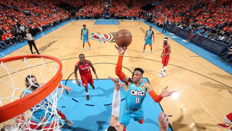 Russell Westbrook attacks the rim in Game 3 against Portland
