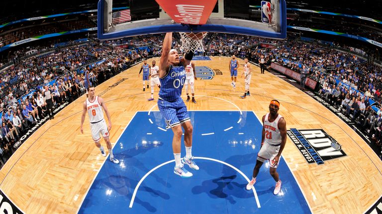 Aaron Gordon  of the Orlando Magic dunks the ball against the New York Knicks