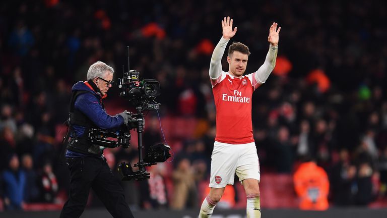 Aaron Ramsey celebrates scoring Arsenal's first goal against Napoli
