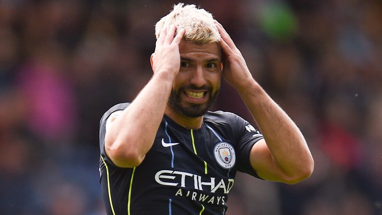 Manchester City&#39;s Argentinian striker Sergio Aguero reacts during the English Premier League football match between Burnley and Manchester City at Turf Moor in Burnley, north west England on April 28, 2019