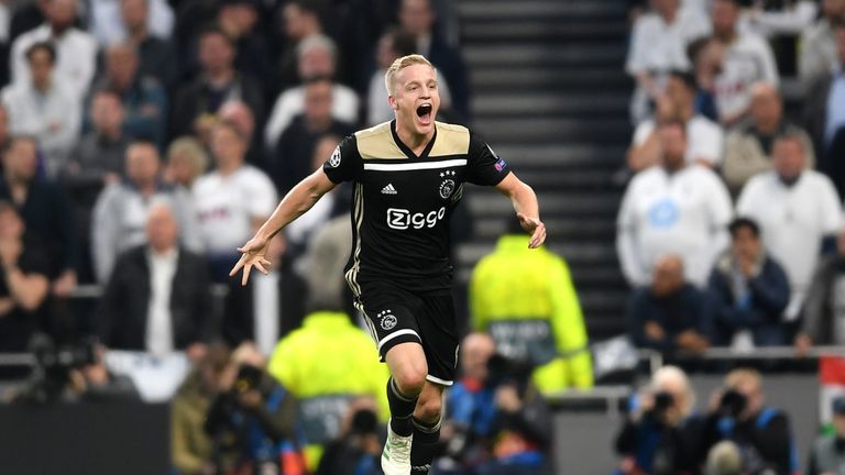 Donny van de Beek celebrates a goal for Ajax against Tottenham