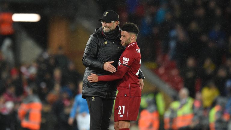 Liverpool Alex Oxlade-Chamberlain and Jurgen Klopp after Huddersfield win