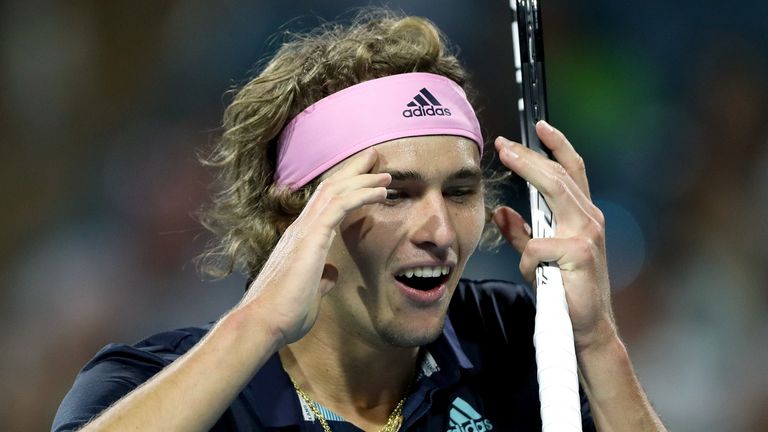 Alexander Zverev of Germany reacts to a call while playing David Ferrer of Spain during the Miami Open Presented by Itau at Hard Rock Stadium March 23, 2019 in Miami Gardens, Florida