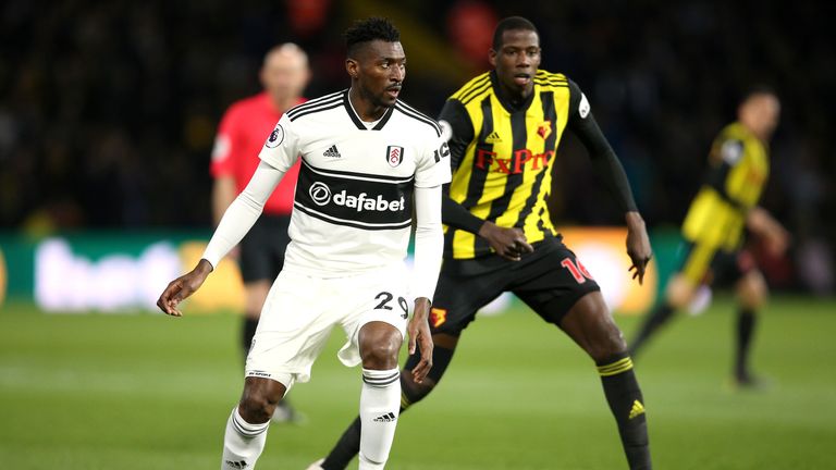 Andre-Frank Zambo Anguissa of Fulham and Abdoulaye Doucoure of Watford during Premier League clash at Vicarage Road