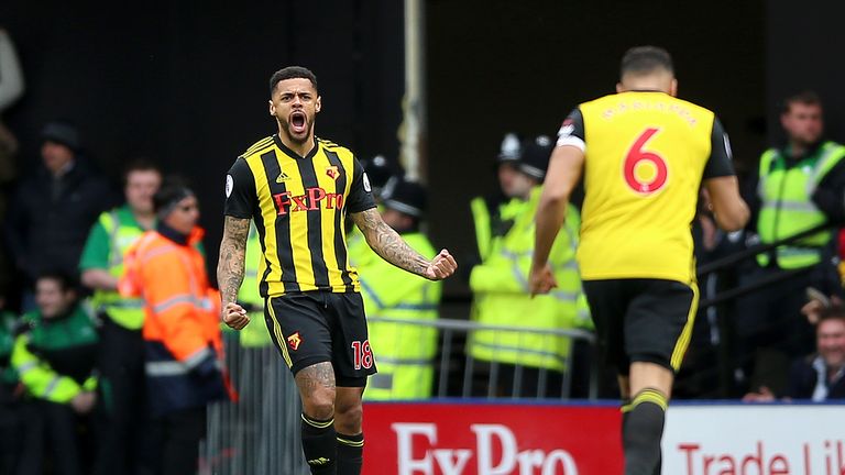 Watford's Andre Gray celebrates scoring his side's first goal of the game