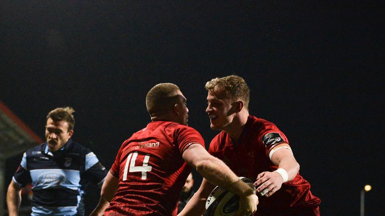 5 April 2019; Andrew Conway of Munster, left, celebrates with team-mate Mike Haley after scoring his side's fifth try during the Guinness PRO14 Round 19 match between Munster and Cardiff Blues at Irish Independent Park in Cork. Photo by Diarmuid Greene/Sportsfile