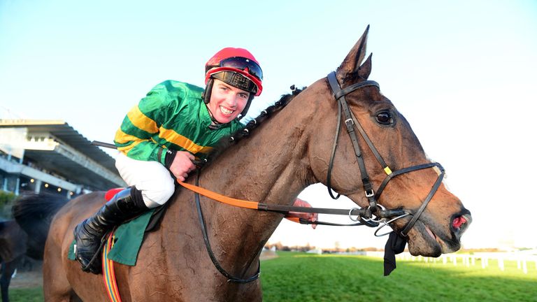 Donagh Meyler celebrates winning the Paddy Power Chase on Anibale Fly during day two of the Leopardstown Christmas Festival at Leopardstown Racecourse, December 2017