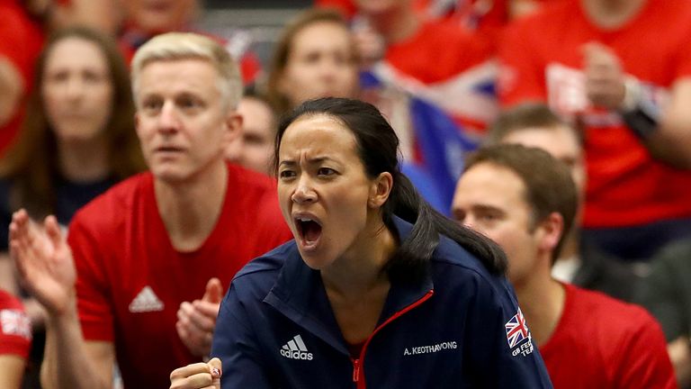 Anne Keothavong, Great Britain Captain cheers during the promtional playoff match between Johanna Konta of Great Britain and Aleksandra Krunic of Serbia on day four of the Fed Cup Europe and Africa Zone Group I tie between Great Britain and Serbia at University of Bath on February 9, 2019 in Bath, England.