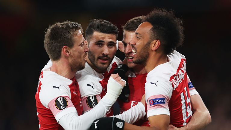 Aaron Ramsey celebrates scoring for Arsenal with team-mates