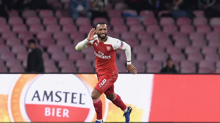 Alexandre Lacazette celebrates scoring the only goal of the night as Arsenal progress to the Europa League semi-finals