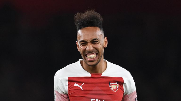 Alex Lacazette and Pirerre-Emerik Aubameyang celebrate Arsenal win after the Premier League match between Arsenal FC and Newcastle United at Emirates Stadium on April 01, 2019 in London, United Kingdom.