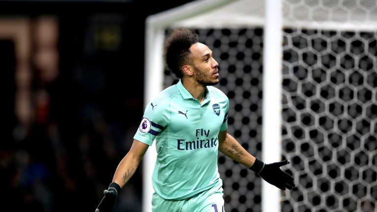 Arsenal's Pierre-Emerick Aubameyang celebrates scoring against Watford