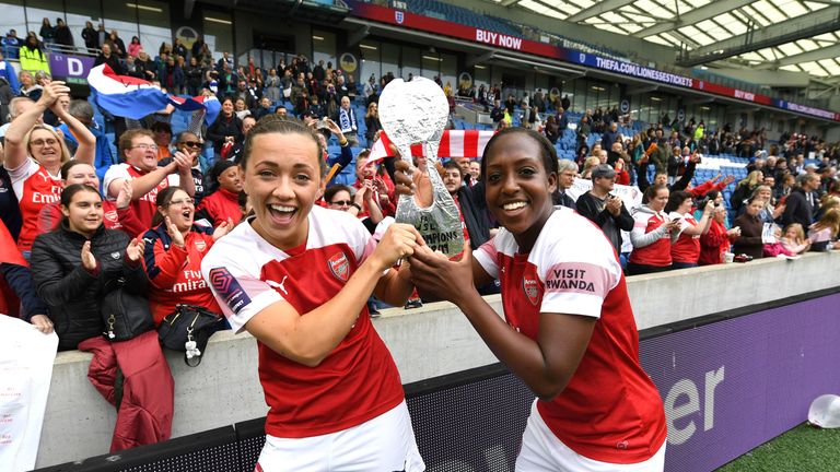 BRIGHTON, ENGLAND - APRIL 28:  Katie McCabe and Danielle Carter of Arsenal celebrate after the match between Brighton & Hove Albion Women and Arsenal Women at Amex Stadium on April 28, 2019 in Brighton, England.  (Photo by David Price/Arsenal FC via Getty Images) *** Local Caption *** Katie McCabe; Danielle Carter