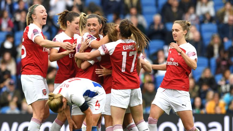 BRIGHTON, ENGLAND - APRIL 28:  Danielle van de Donk celebrates scoring Arsenal's 4th goal with Lousie quinn, Katie McCabe and Vivianne Miedema during the match between Brighton & Hove Albion Women and Arsenal Women at Amex Stadium on April 28, 2019 in Brighton, England.  (Photo by David Price/Arsenal FC via Getty Images) *** Local Caption *** Danielle van de Donk; Lousie Quinn; Katie McCabe; Vivianne Miedema